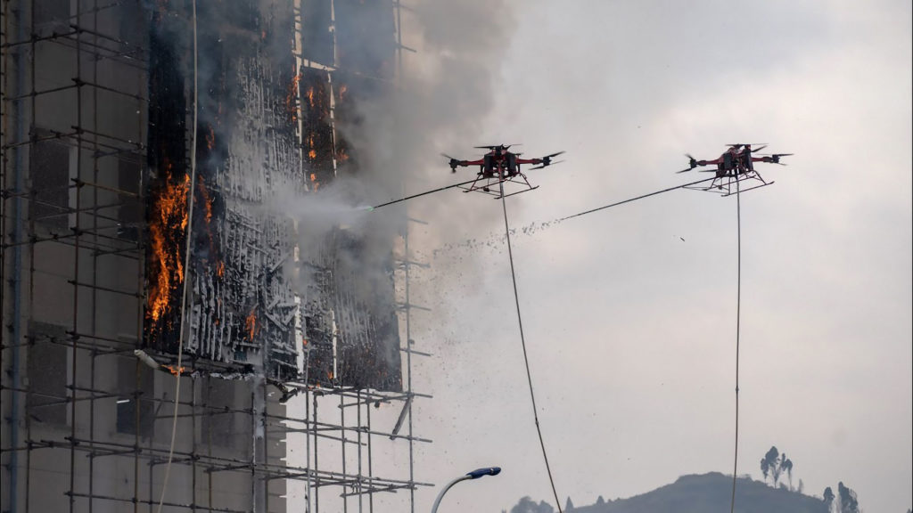 First Live Fire Fighting Drill With Fire-fighting Drones