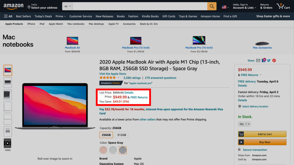 Apple MacBook Air M1 US$950 Amazon