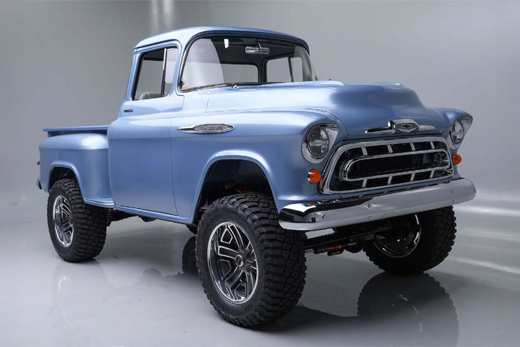 1957 Chevrolet 3100 custom pickup truck in Clearwater Blue showcased at the 2025 SEMA Show