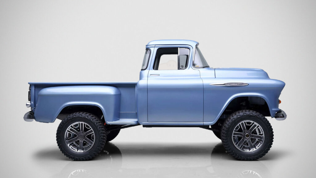 1957 Chevrolet 3100 custom pickup truck in Clearwater Blue showcased at the 2025 SEMA Show