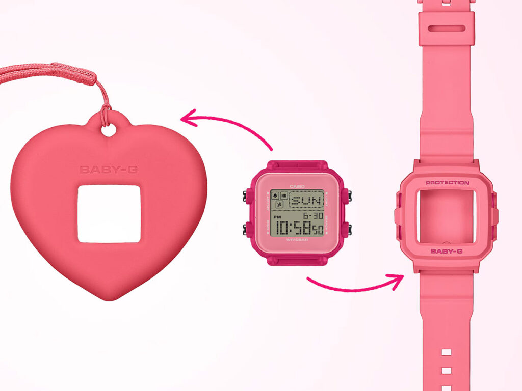 Baby-G + Plus BGD-10 Series pastel square watch with heart-shaped holder and removable case