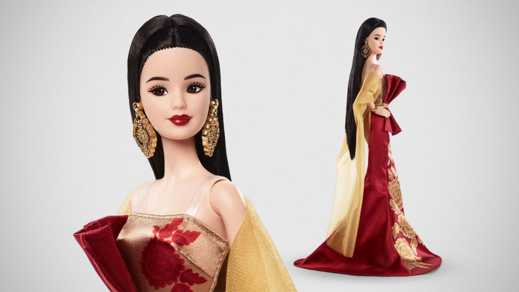 Barbie 2026 Lunar New Year Doll wearing red gown with gold peony design