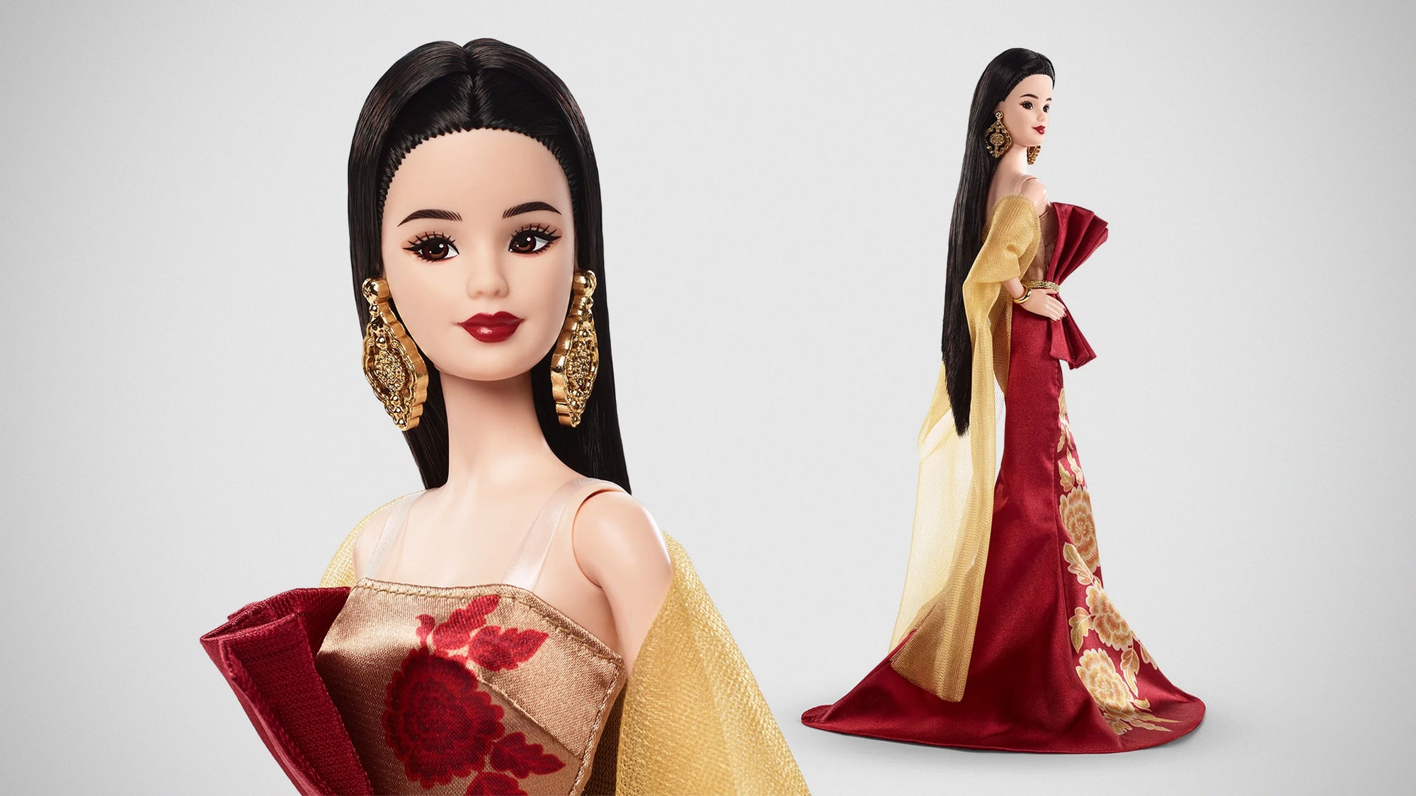 Barbie 2026 Lunar New Year Doll wearing red gown with gold peony design
