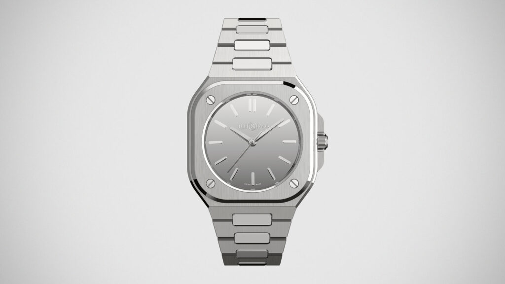 Bell & Ross BR-05 Grey Mirror Steel with mirror-polished dial and integrated stainless steel bracelet