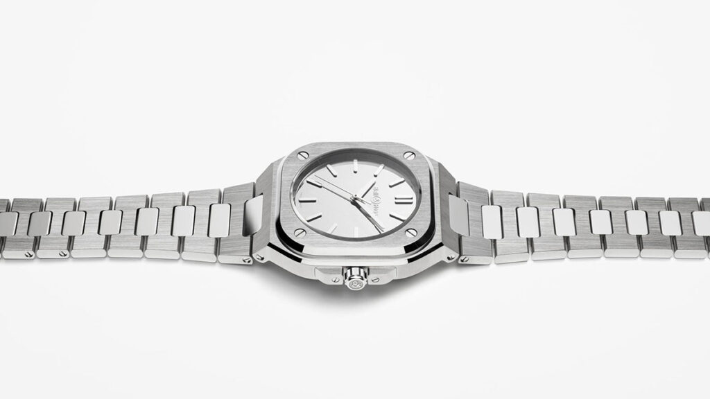 Bell & Ross BR-05 Grey Mirror Steel with mirror-polished dial and integrated stainless steel bracelet
