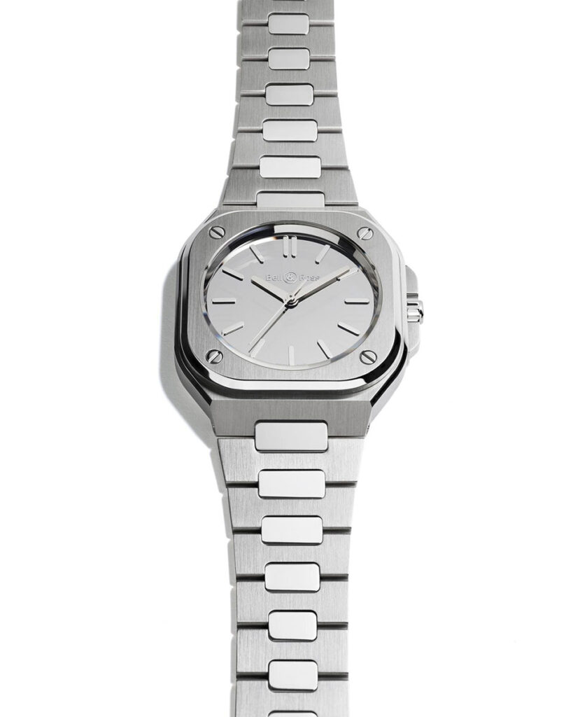 Bell & Ross BR-05 Grey Mirror Steel with mirror-polished dial and integrated stainless steel bracelet