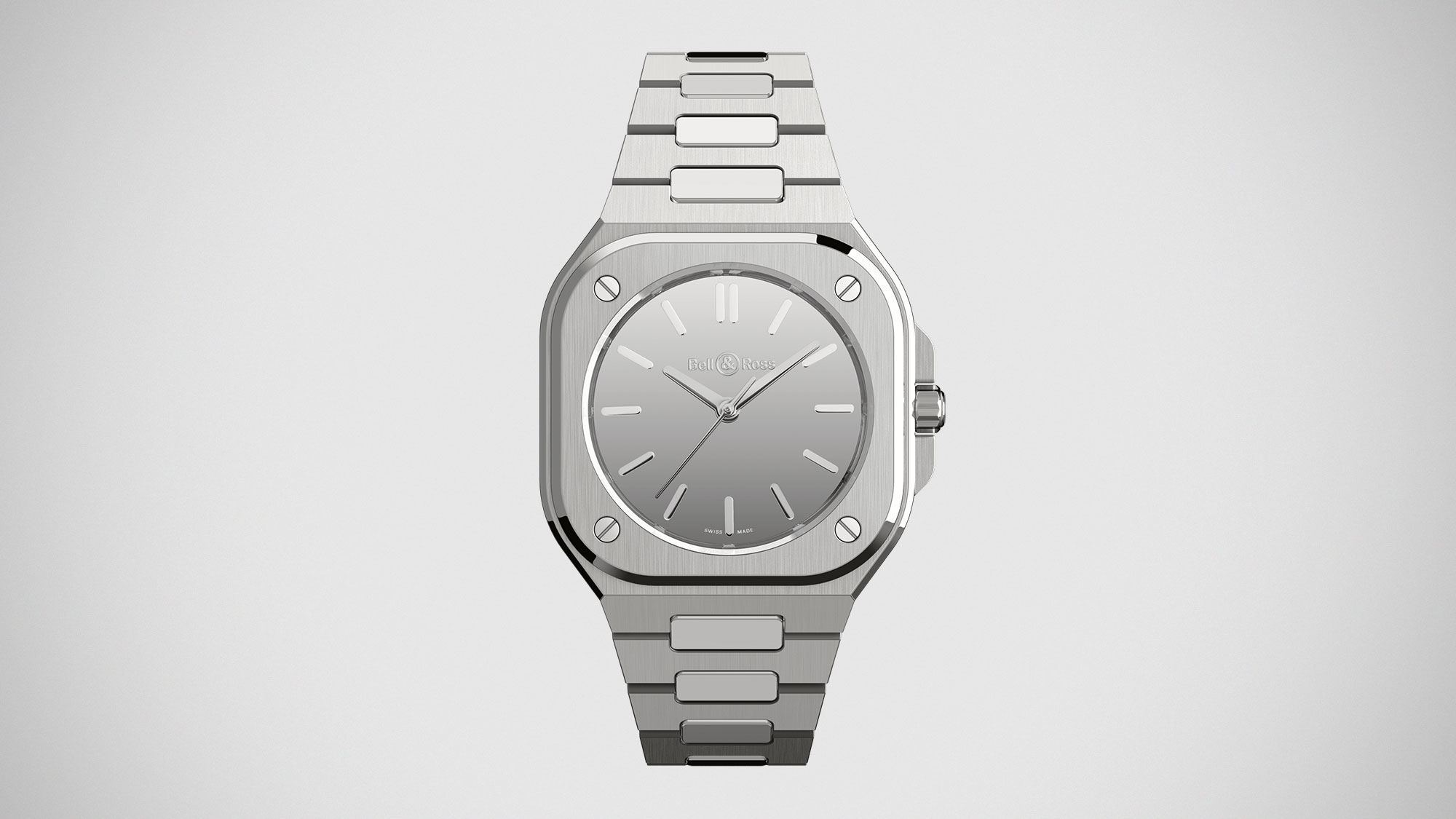 Bell & Ross BR-05 Grey Mirror Steel with mirror-polished dial and integrated stainless steel bracelet