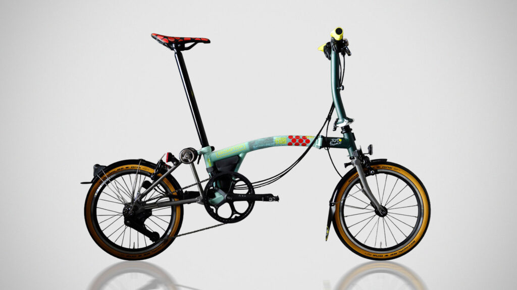 Brompton x Tour de France trifold C Line and P Line bicycles featuring race-inspired graphics and yellow accents