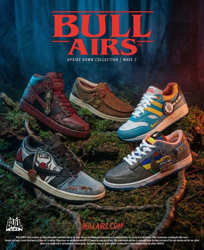 Bull Airs Upside Down Collection Part 2 Stranger Things sneakers featuring Vecna, Hellfire Club, and Max Mayfield designs
