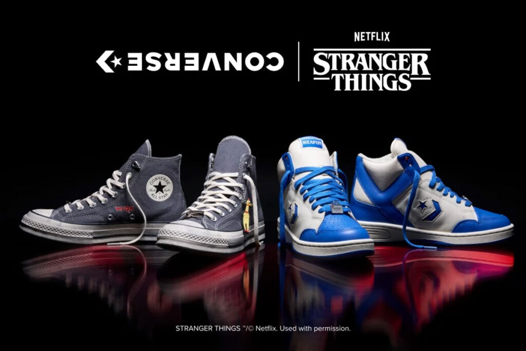 Nike and Converse x Stranger Things sneakers including Air Max 1, Dunk Low, and Chuck 70 with distressed 1980s Hawkins-inspired details