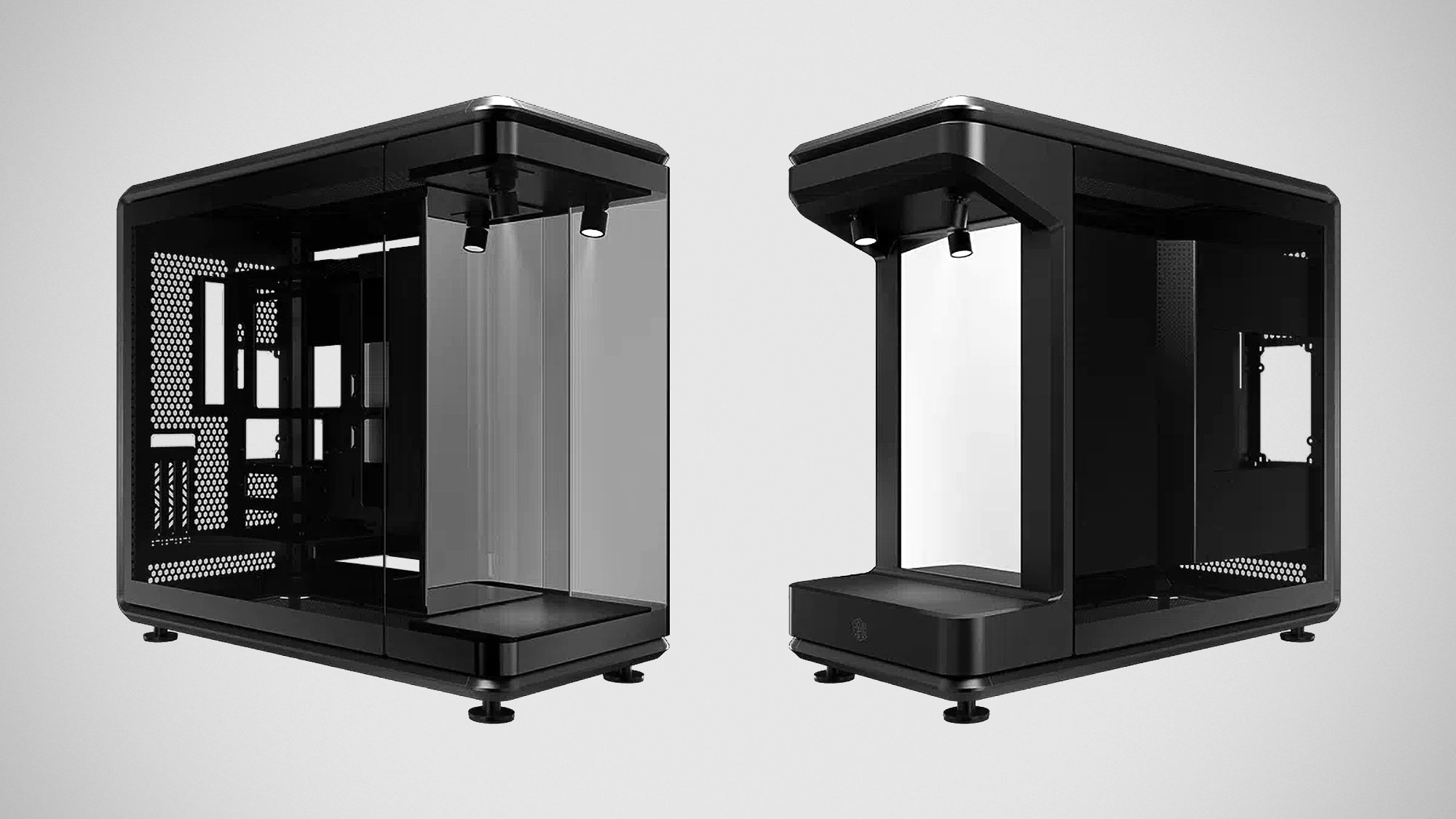 Cooler Master MasterFrame 360 PC case with built-in illuminated action figure display compartment