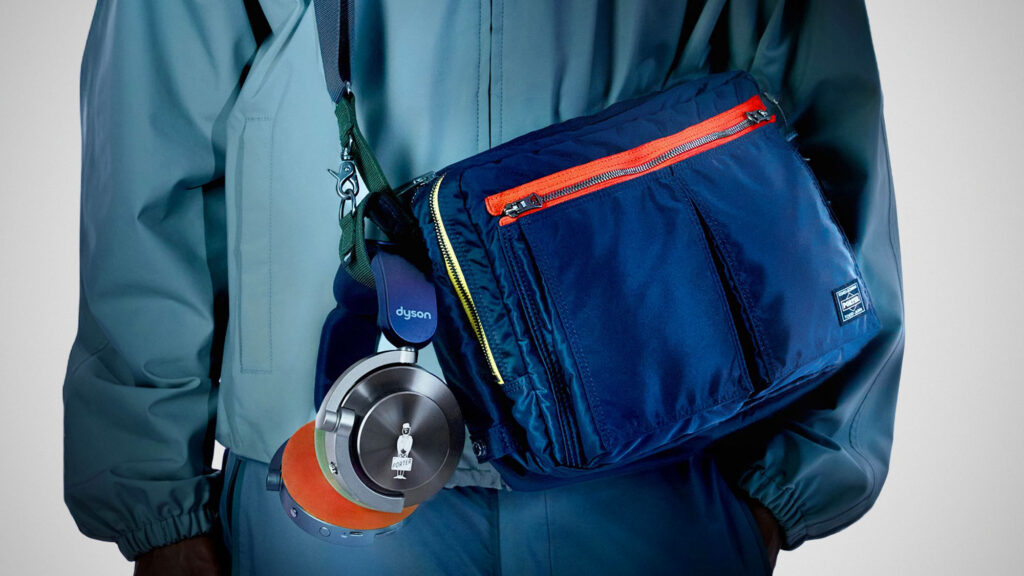 Dyson OnTrac x PORTER noise-cancelling headphones with matching PORTER shoulder bag in Prussian blue and khaki colorway