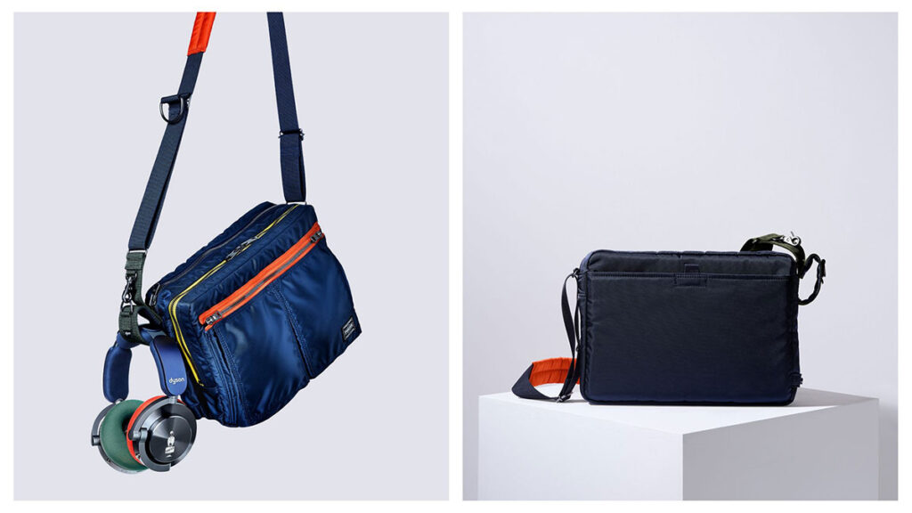 Dyson OnTrac x PORTER noise-cancelling headphones with matching PORTER shoulder bag in Prussian blue and khaki colorway