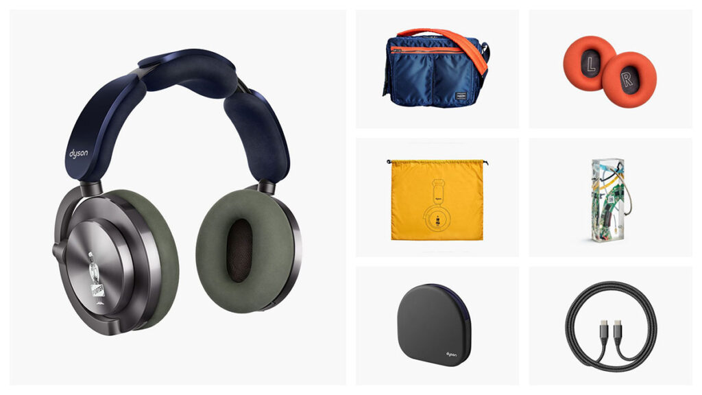 Dyson OnTrac x PORTER noise-cancelling headphones with matching PORTER shoulder bag in Prussian blue and khaki colorway
