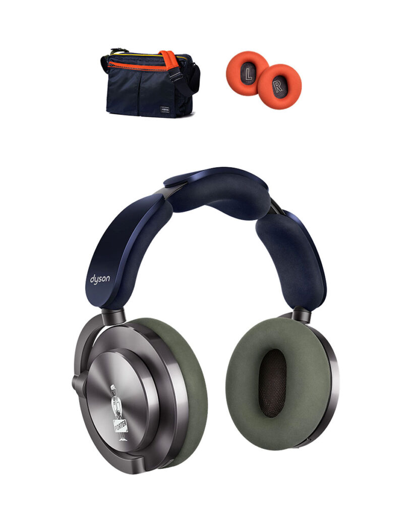 Dyson OnTrac x PORTER noise-cancelling headphones with matching PORTER shoulder bag in Prussian blue and khaki colorway
