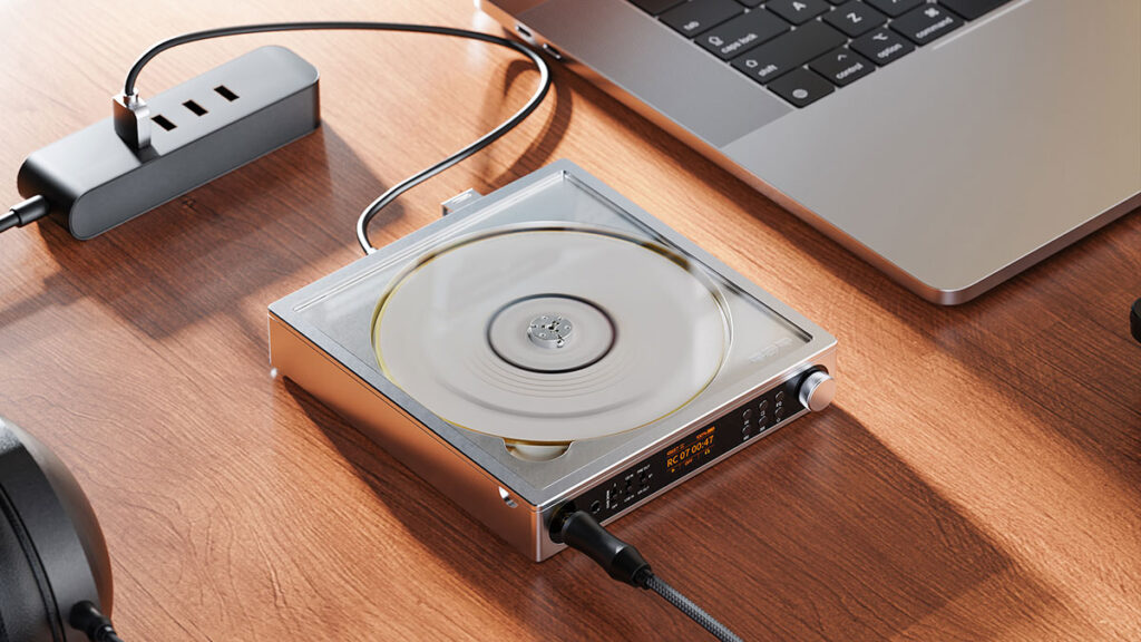 FiiO DM15 R2R portable CD player playing a compact disc