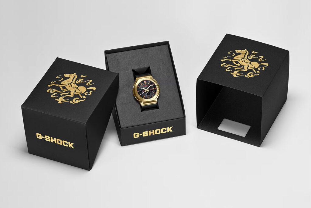 G-Shock GBM2100CX-9A Year of the Horse watch with gold ion-plated bezel and winged horse dial design