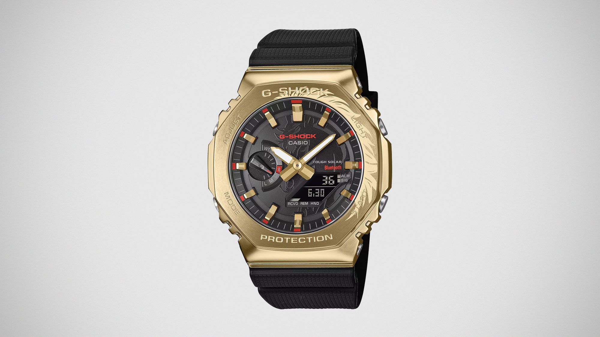 G-Shock GBM2100CX-9A Year of the Horse watch with gold ion-plated bezel and winged horse dial design