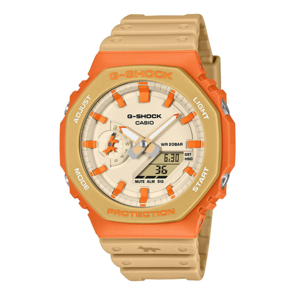 G-Shock Maison Kitsuné GA2110MK-5A collaboration watch with orange bezel and neutral Paris-inspired colorway