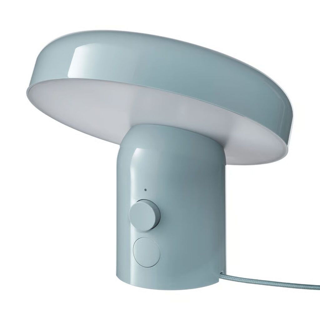 IKEA BLOMPRAKT Bluetooth speaker lamp with adjustable mushroom-style head in light blue finish