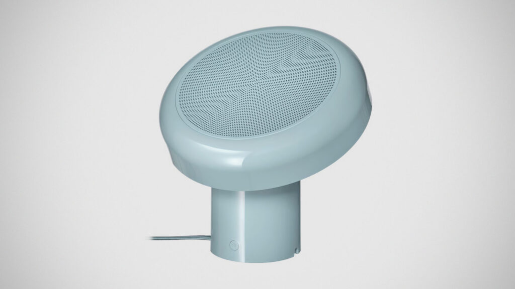 IKEA BLOMPRAKT Bluetooth speaker lamp with adjustable mushroom-style head in light blue finish