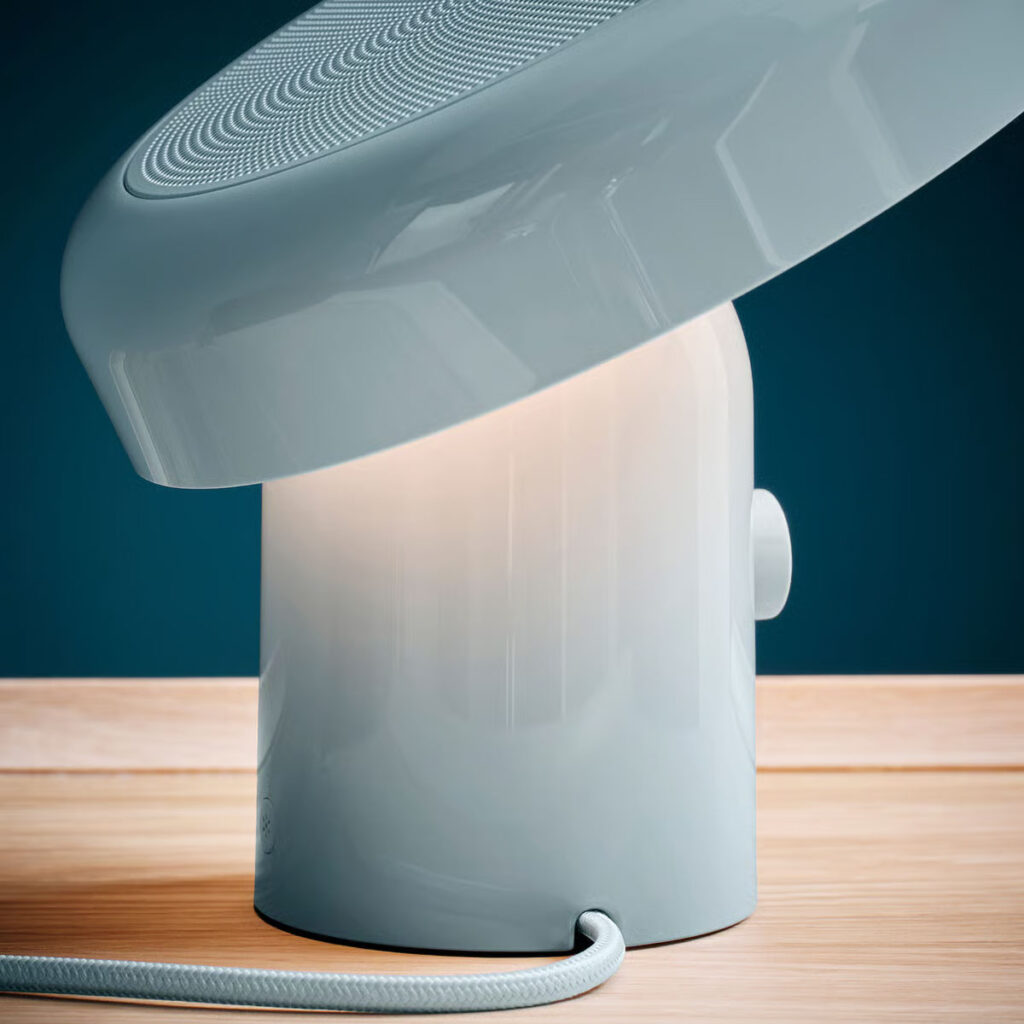 IKEA BLOMPRAKT Bluetooth speaker lamp with adjustable mushroom-style head in light blue finish