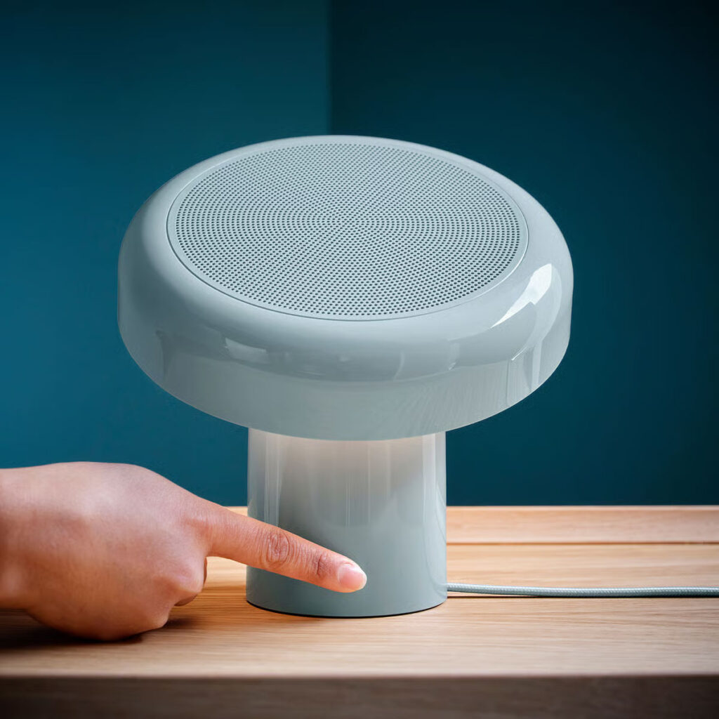 IKEA BLOMPRAKT Bluetooth speaker lamp with adjustable mushroom-style head in light blue finish