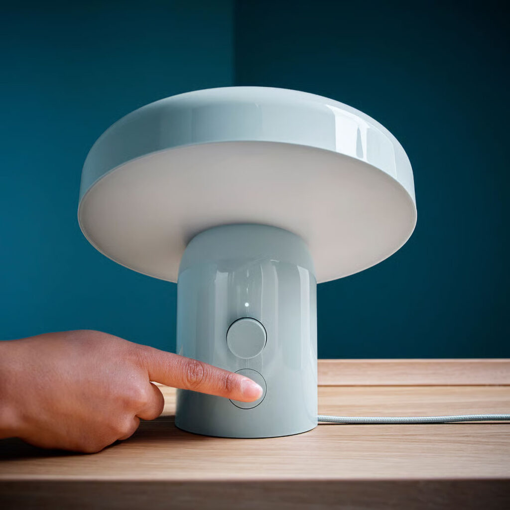 IKEA BLOMPRAKT Bluetooth speaker lamp with adjustable mushroom-style head in light blue finish