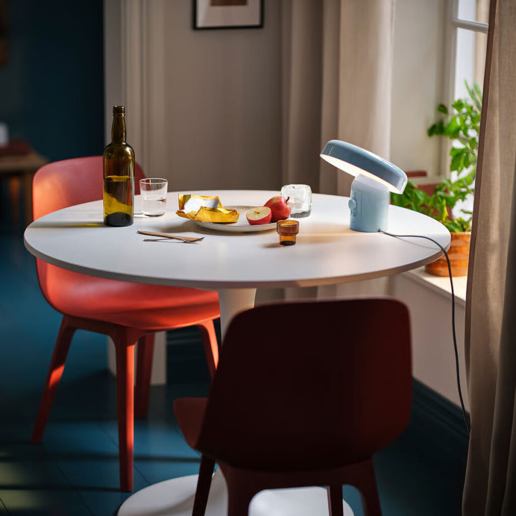 IKEA BLOMPRAKT Bluetooth speaker lamp with adjustable mushroom-style head in light blue finish