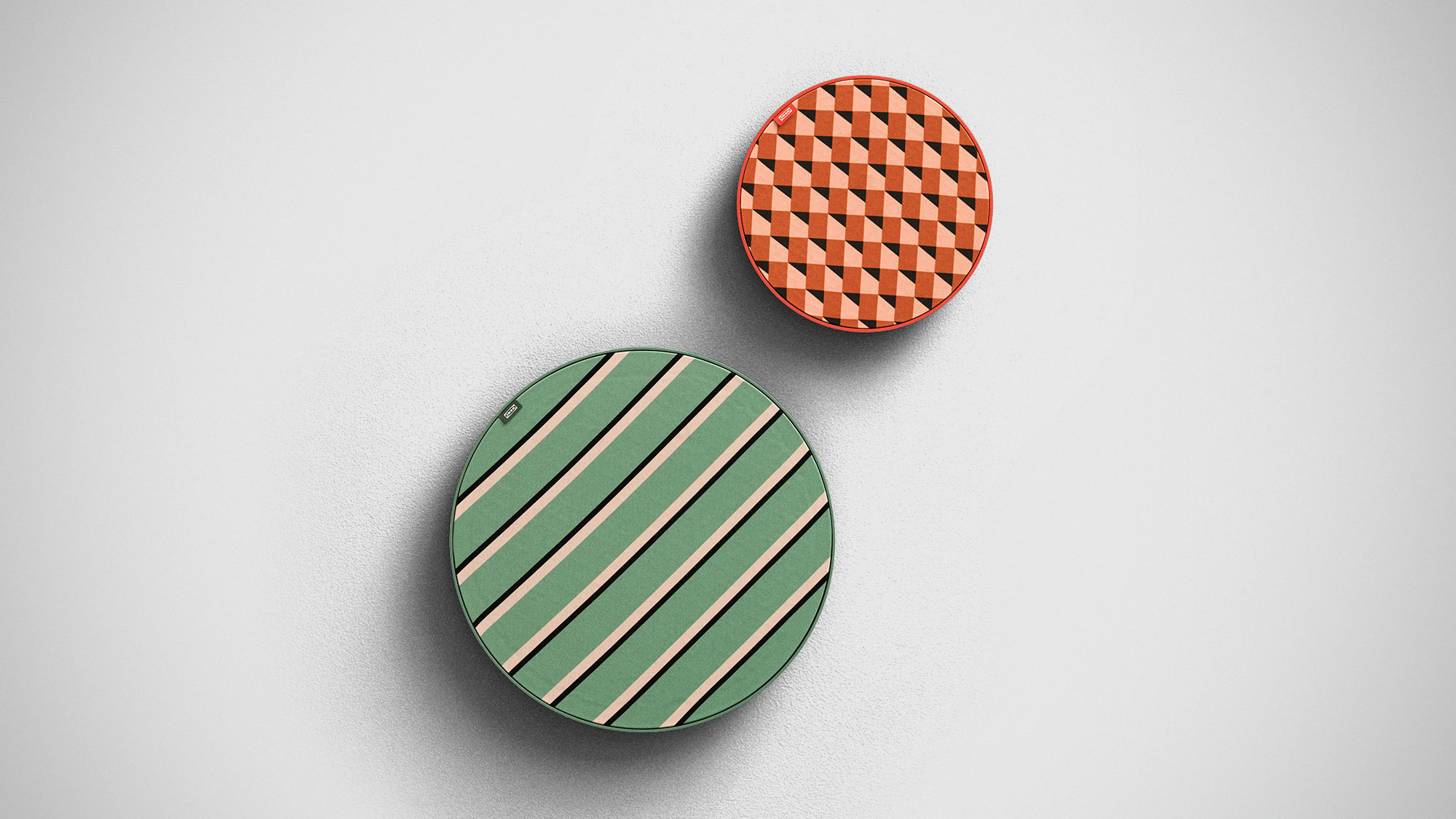 IKEA SOLSKYDD Bluetooth speakers in bold color designs by Tekla Evelina Severin mounted on a wall as decorative home audio pieces