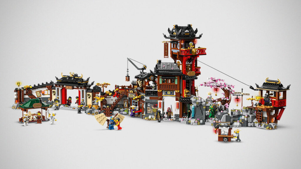 LEGO NINJAGO The Old Town 15th Anniversary set showing four modular buildings