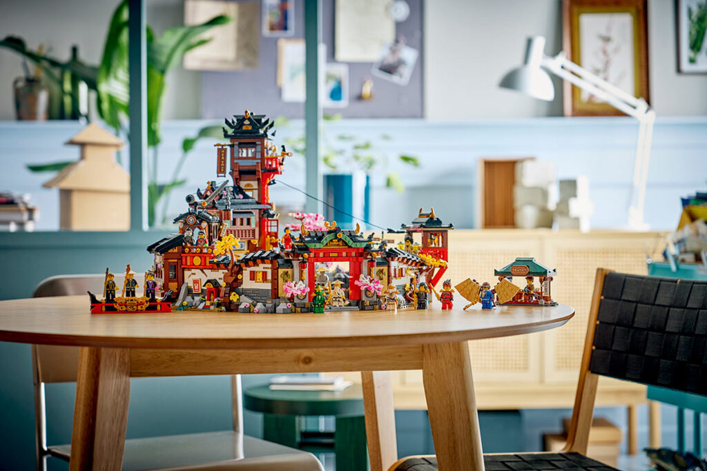 LEGO NINJAGO Old Town anniversary set arranged in extended street layout