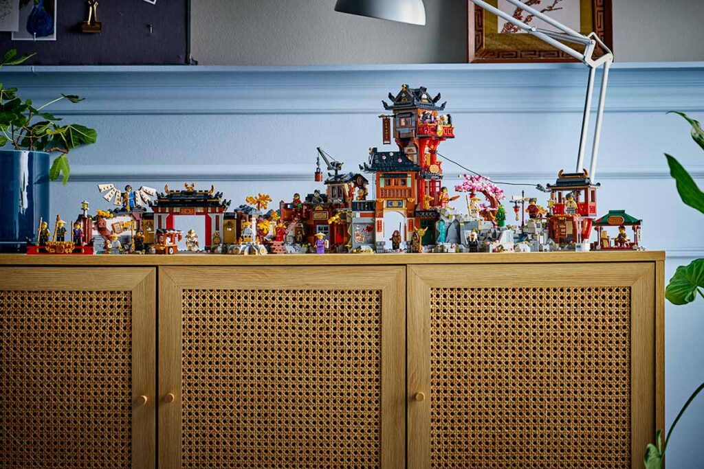 LEGO NINJAGO Old Town anniversary set arranged in extended street layout