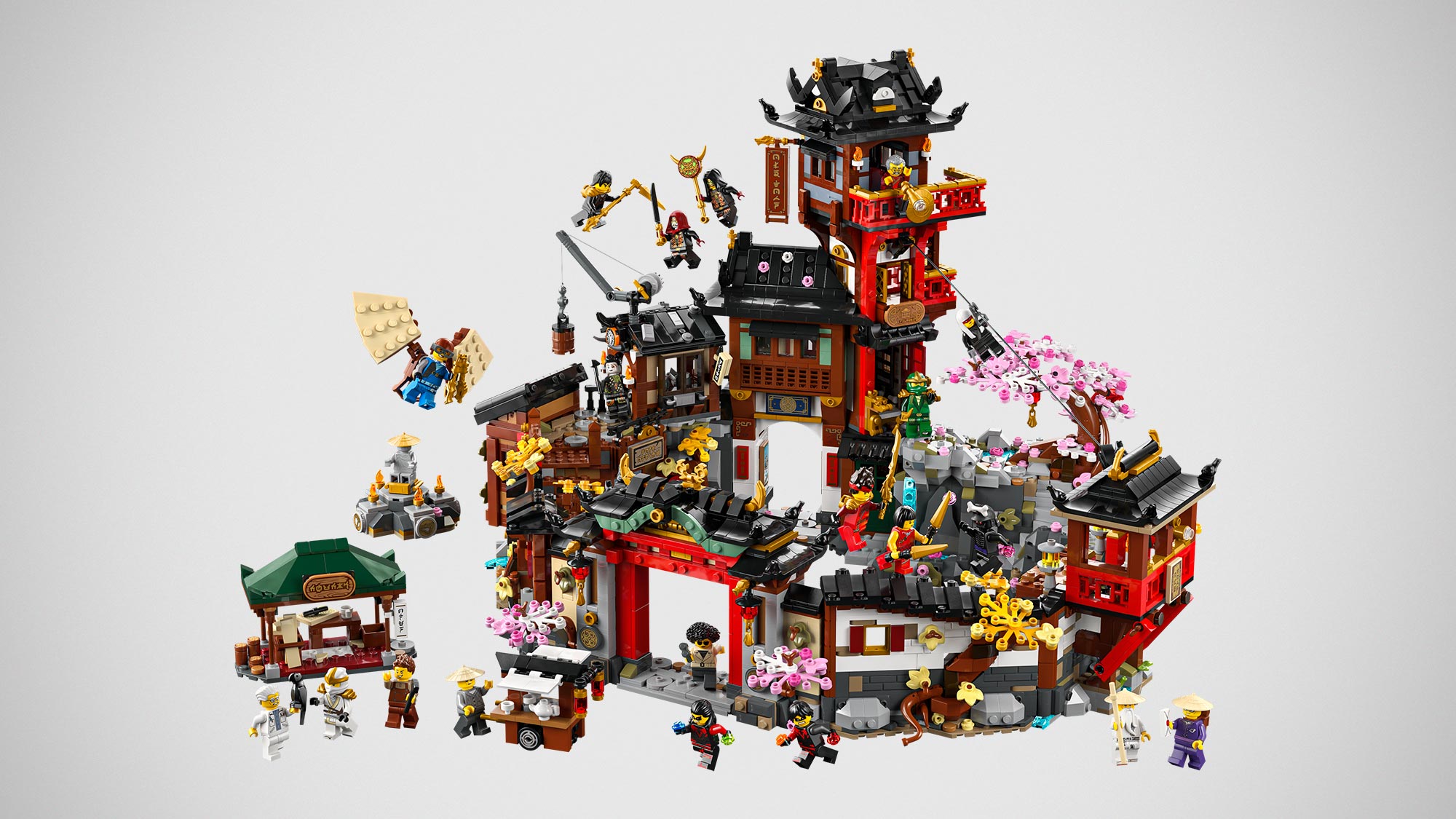 LEGO NINJAGO The Old Town display showing zip line, crane, and hidden features