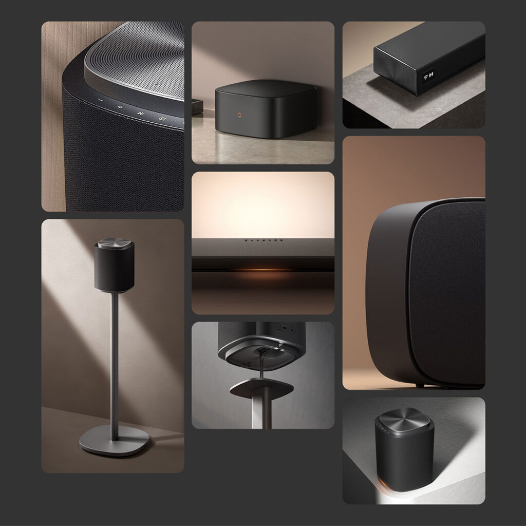 LG Sound Suite with H7 soundbar, wireless surround speakers, and subwoofer showcasing Dolby Atmos FlexConnect modular home audio system