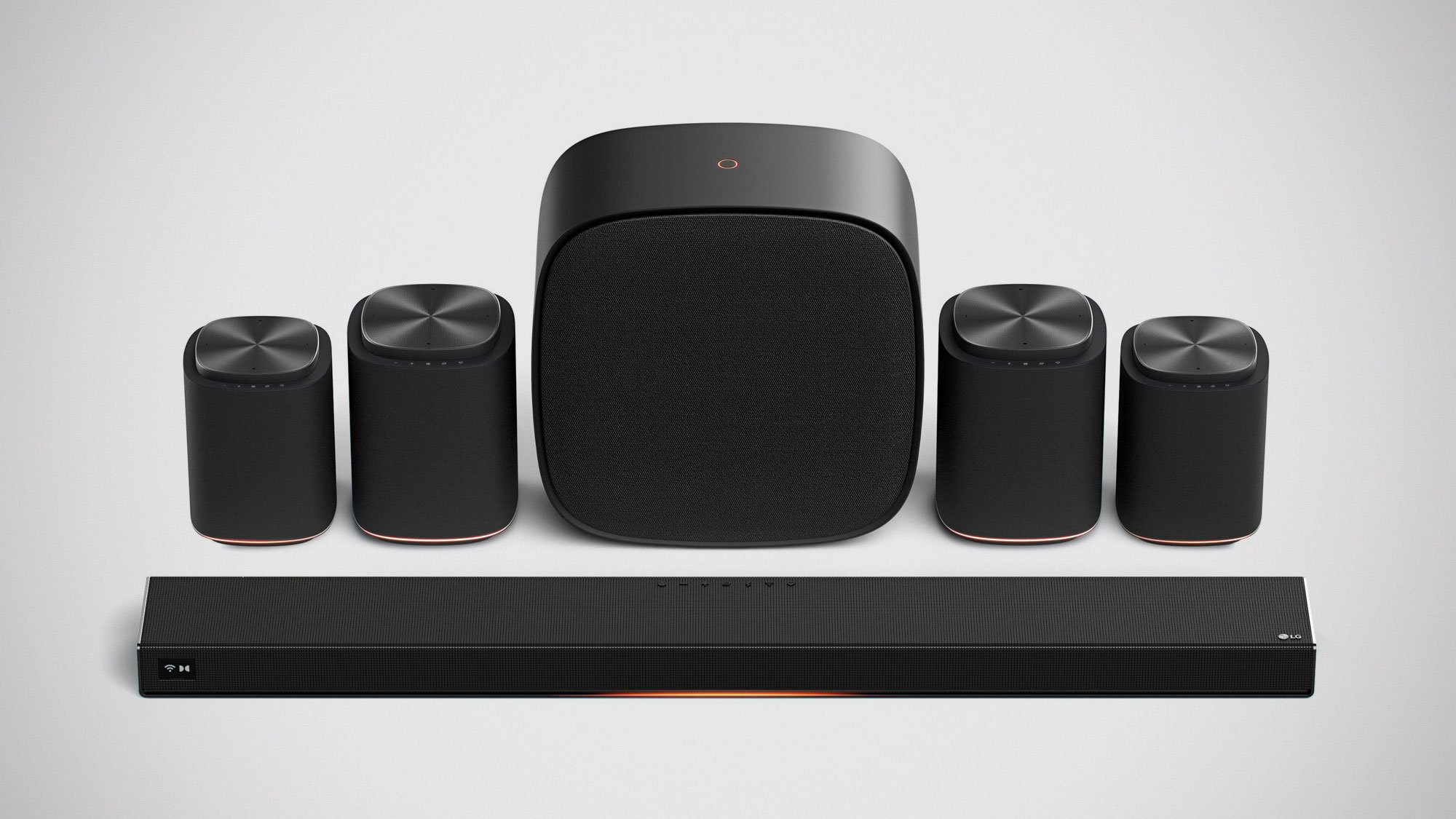 LG Sound Suite with H7 soundbar, wireless surround speakers, and subwoofer showcasing Dolby Atmos FlexConnect modular home audio system