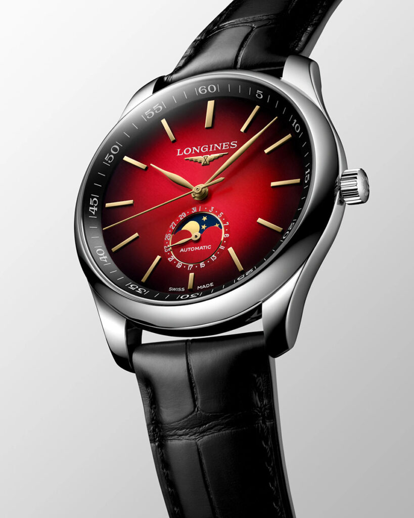 Longines Master Collection Year of the Horse Moonphase watch with red gradient dial and engraved gilt rotor