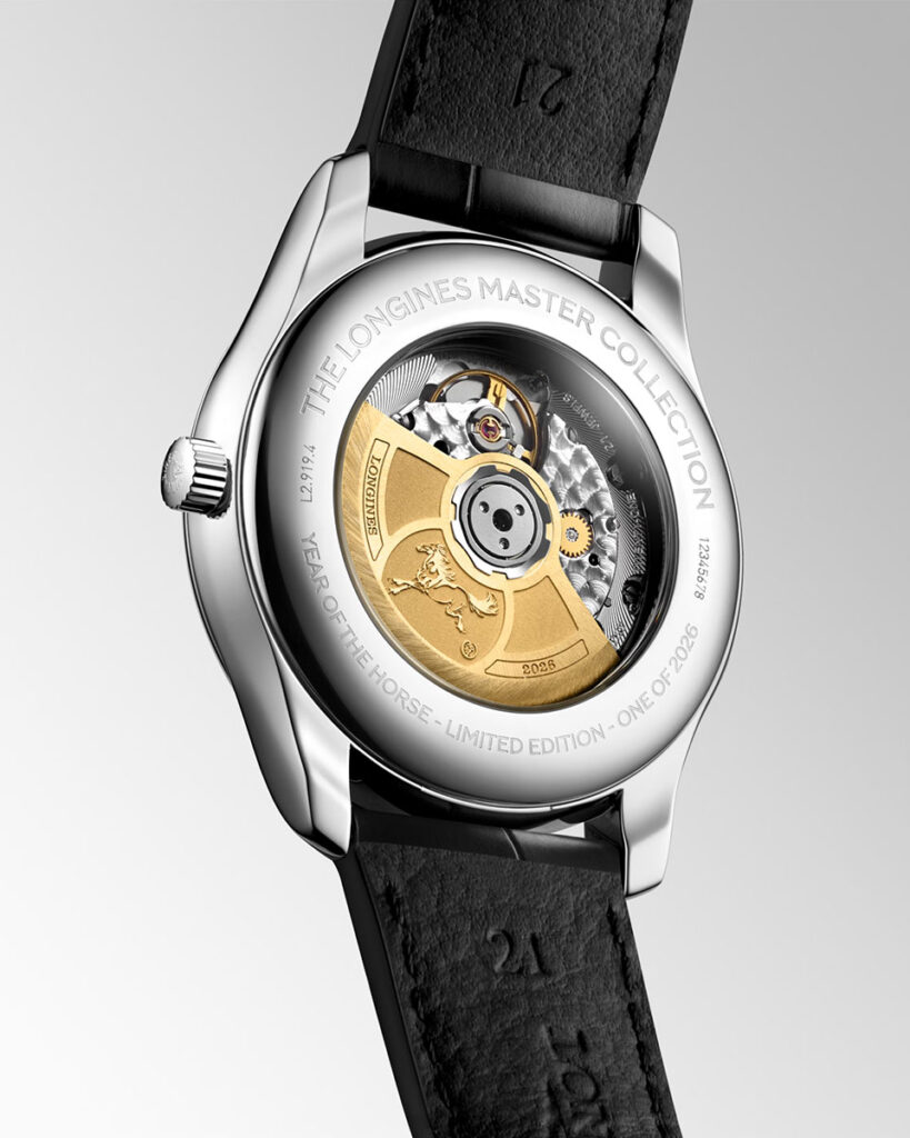 Longines Master Collection Year of the Horse Moonphase watch's gilt rotor of the movement engraved with Peony Xu's Galloping Horse