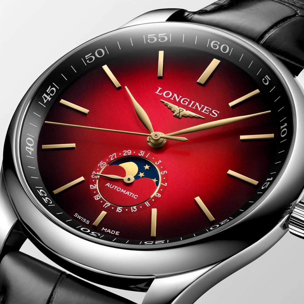 Longines Master Collection Year of the Horse Moonphase watch with red gradient dial and engraved gilt rotor