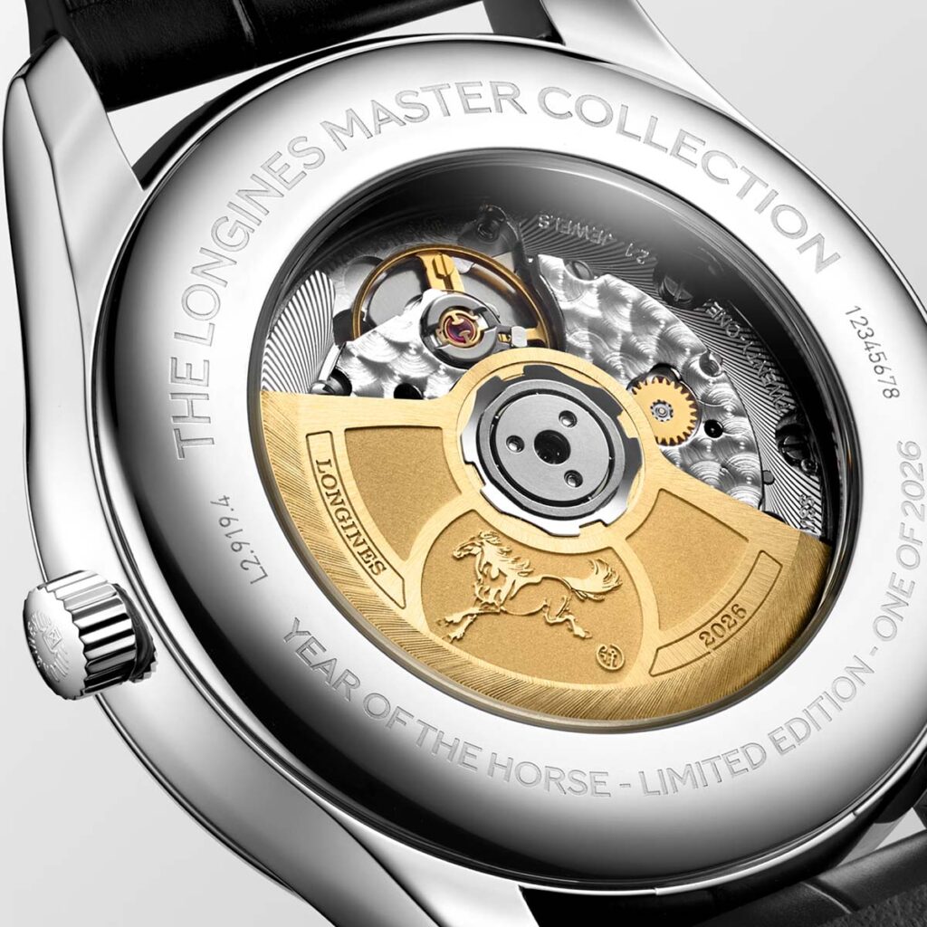 Longines Master Collection Year of the Horse Moonphase watch's gilt rotor of the movement engraved with Peony Xu's Galloping Horse