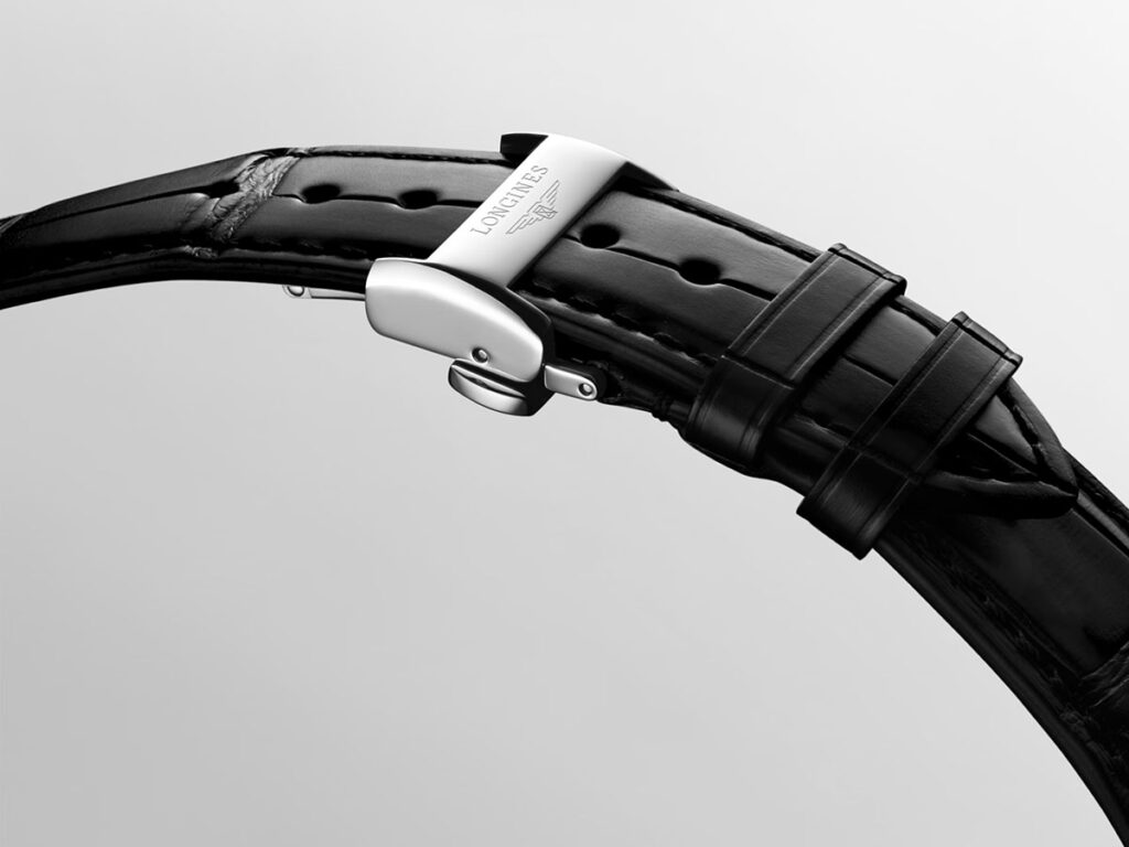 Longines Master Collection Year of the Horse Moonphase watch's alligator leather strap featuring a triple safety folding clasp with a push-piece opening mechanism