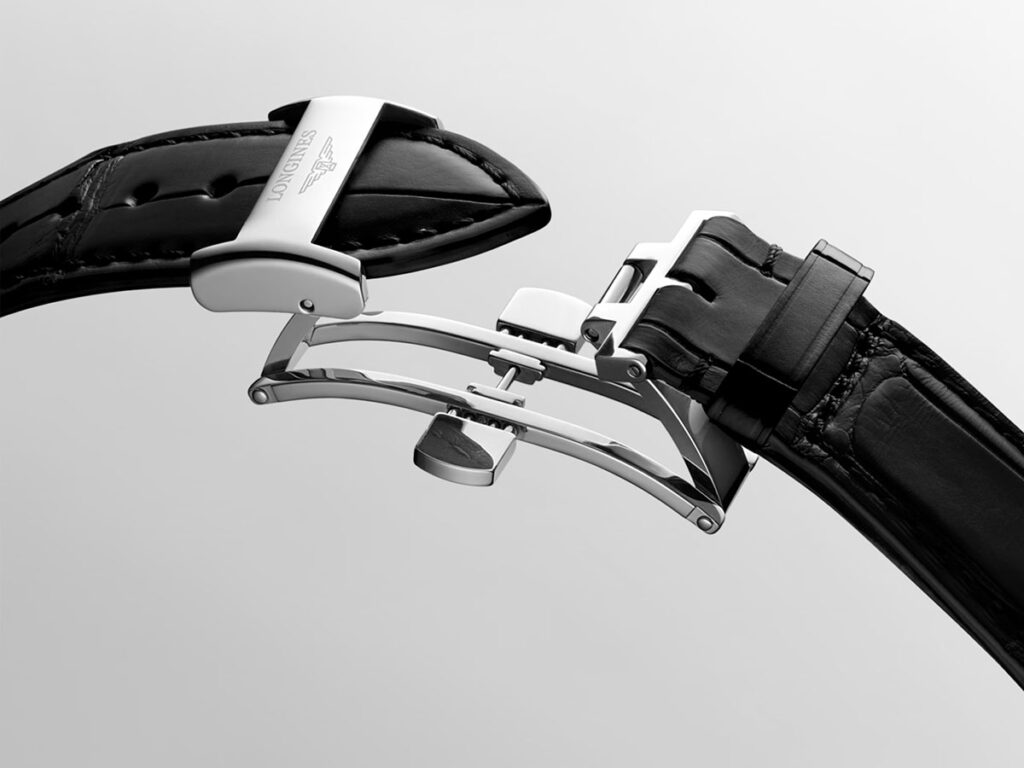 Longines Master Collection Year of the Horse Moonphase watch's alligator leather strap featuring a triple safety folding clasp with a push-piece opening mechanism