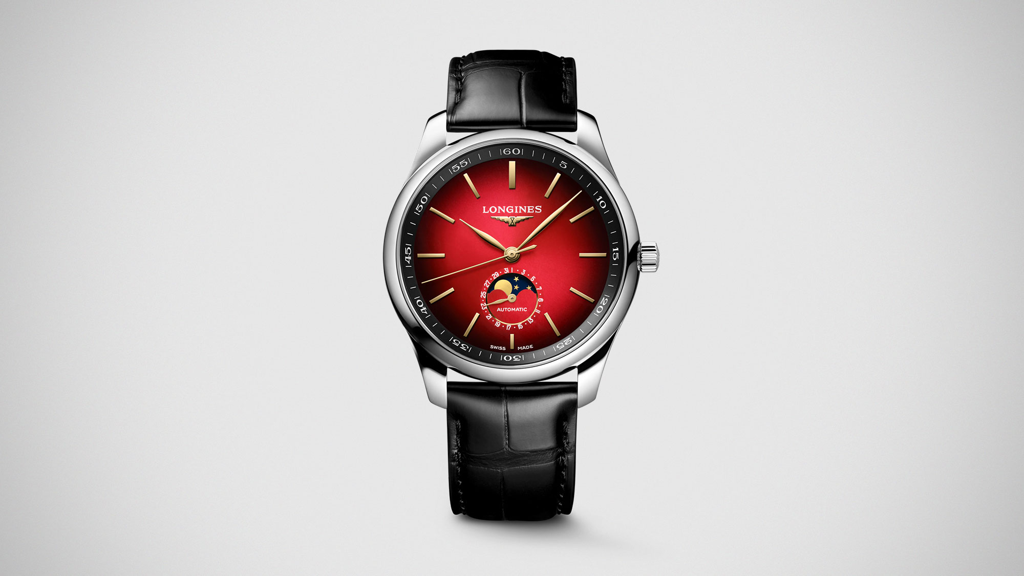 Longines Master Collection Year of the Horse Moonphase watch with red gradient dial and engraved gilt rotor