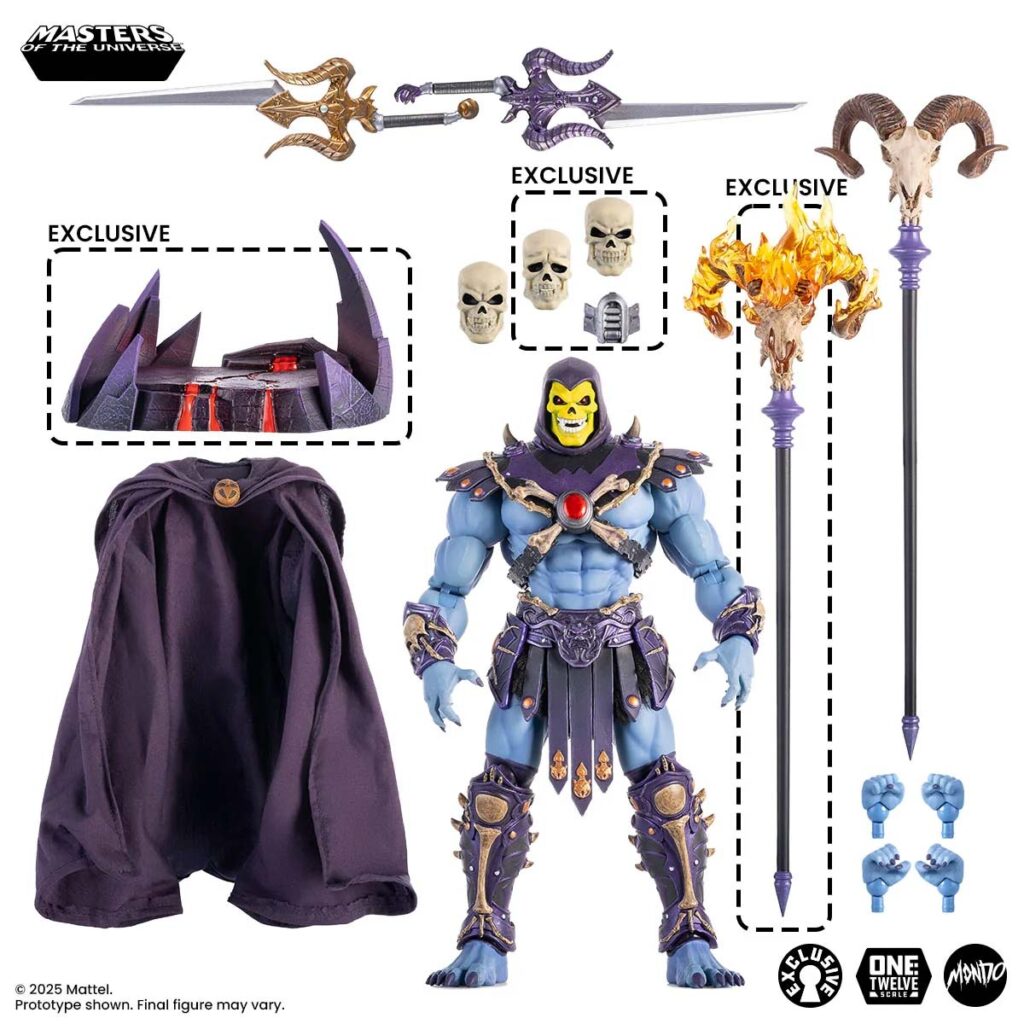 MOTU200X Skeletor 1/12 scale action figure by Mondo with flowing cape, Havoc Staff, and interchangeable skull portraits