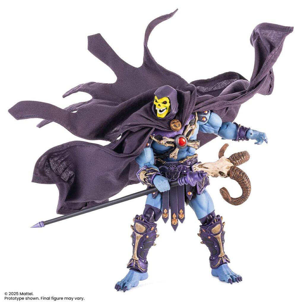 MOTU200X Skeletor 1/12 scale action figure by Mondo with flowing cape, Havoc Staff, and interchangeable skull portraits