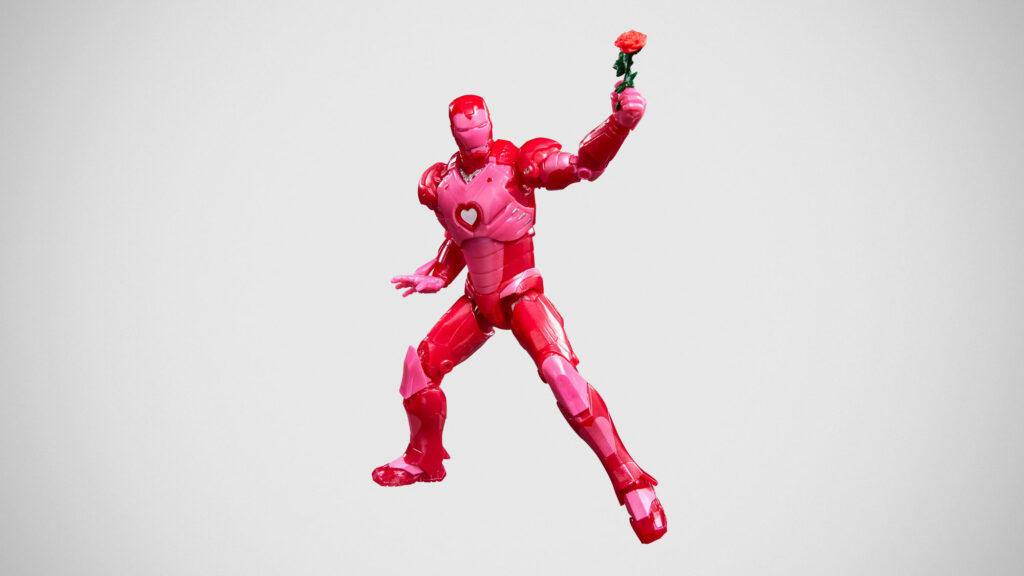 Marvel Legends I Love You 3000 Iron Man action figure holding a rose with heart-shaped Arc Reactor and pink-themed packaging