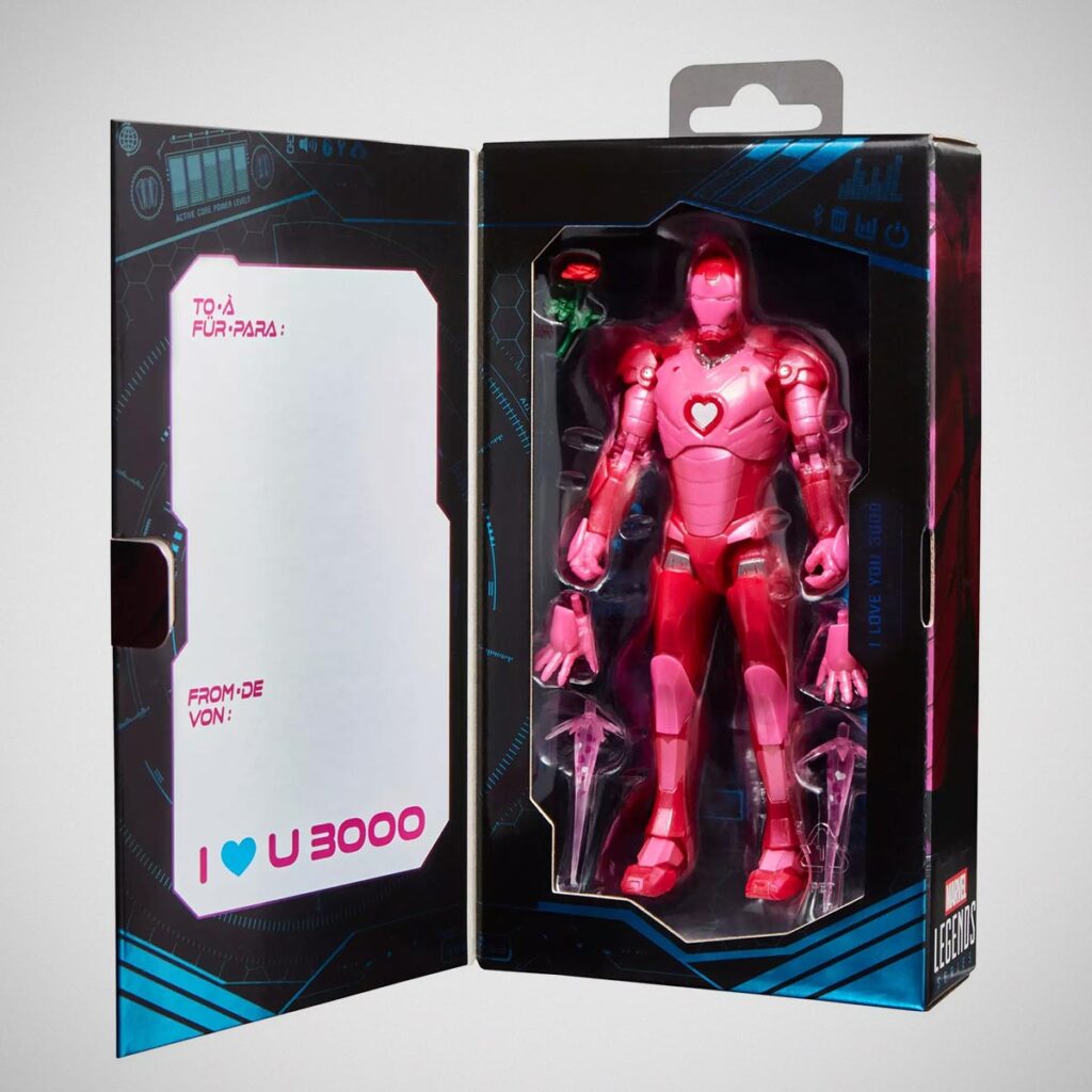Marvel Legends I Love You 3000 Iron Man action figure with heart-shaped Arc Reactor in pink-themed packaging
