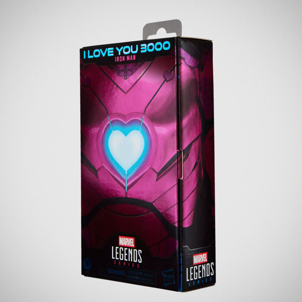 Marvel Legends I Love You 3000 Iron Man action figure pink-themed packaging