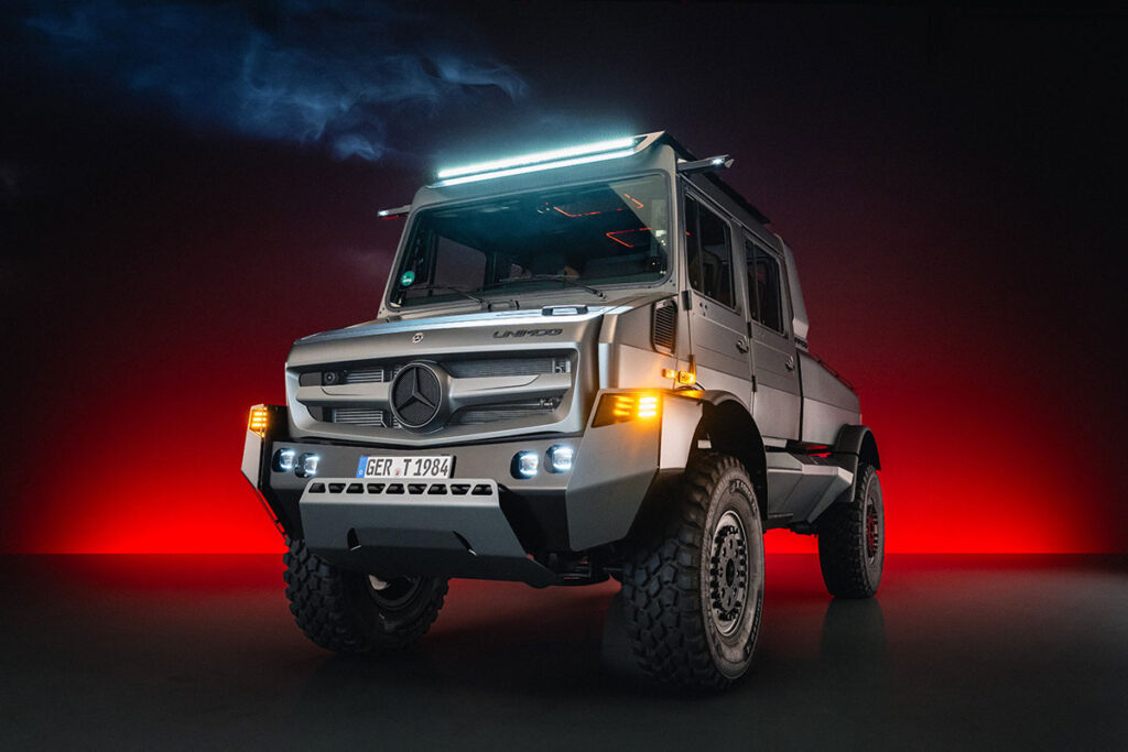 Mercedes-Benz Special Trucks luxury Unimog show car in matte grey with beadlock wheels, LED lighting, and premium off-road design