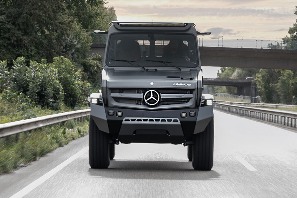Mercedes-Benz Special Trucks luxury Unimog show car in matte grey with beadlock wheels, LED lighting, and premium off-road design